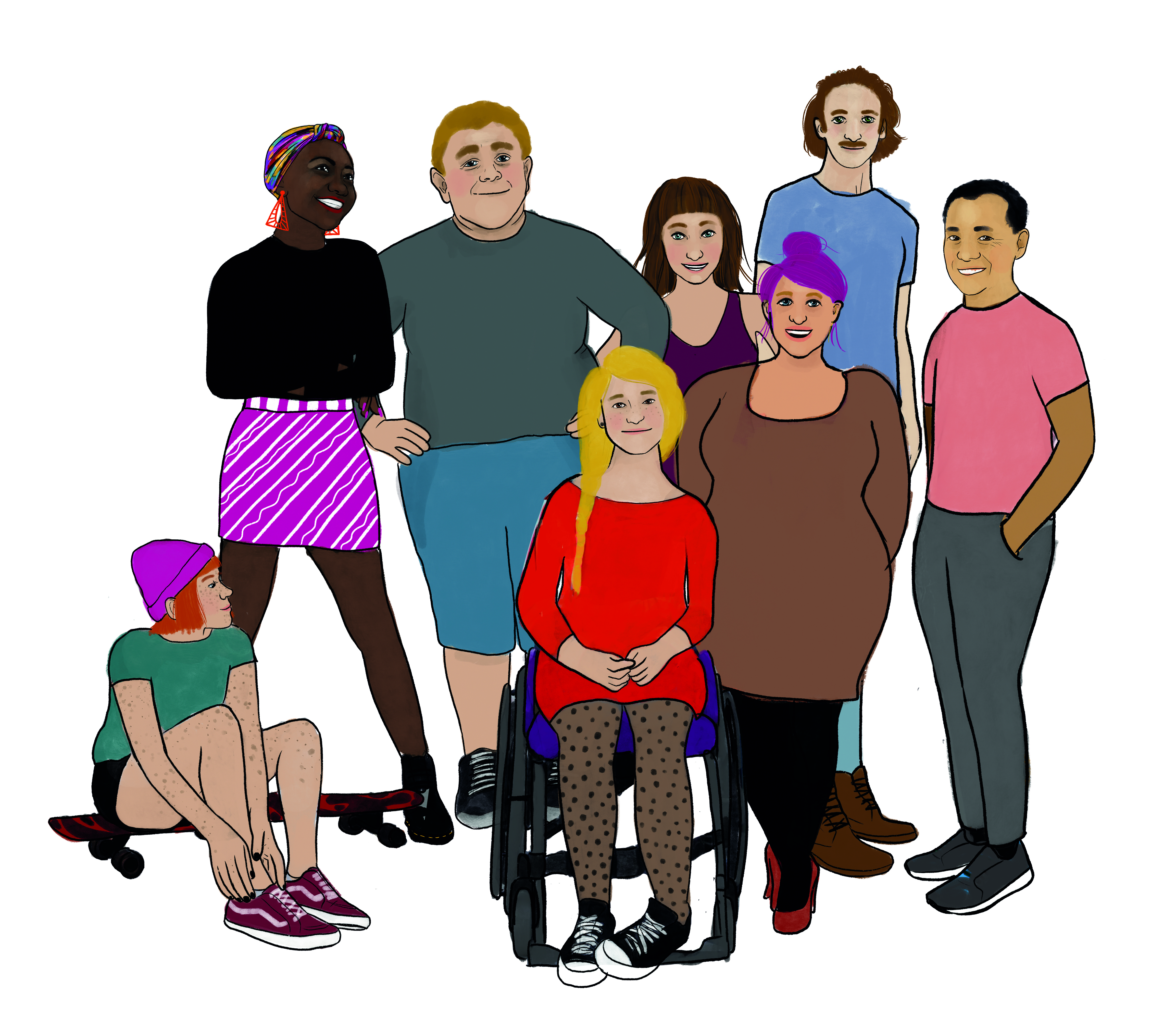 Gruppe von acht Personen mit unterschiedlichem Aussehen, darunter eine Person im Rollstuhl, alle in bunter Kleidung und unterschiedlichen Posen